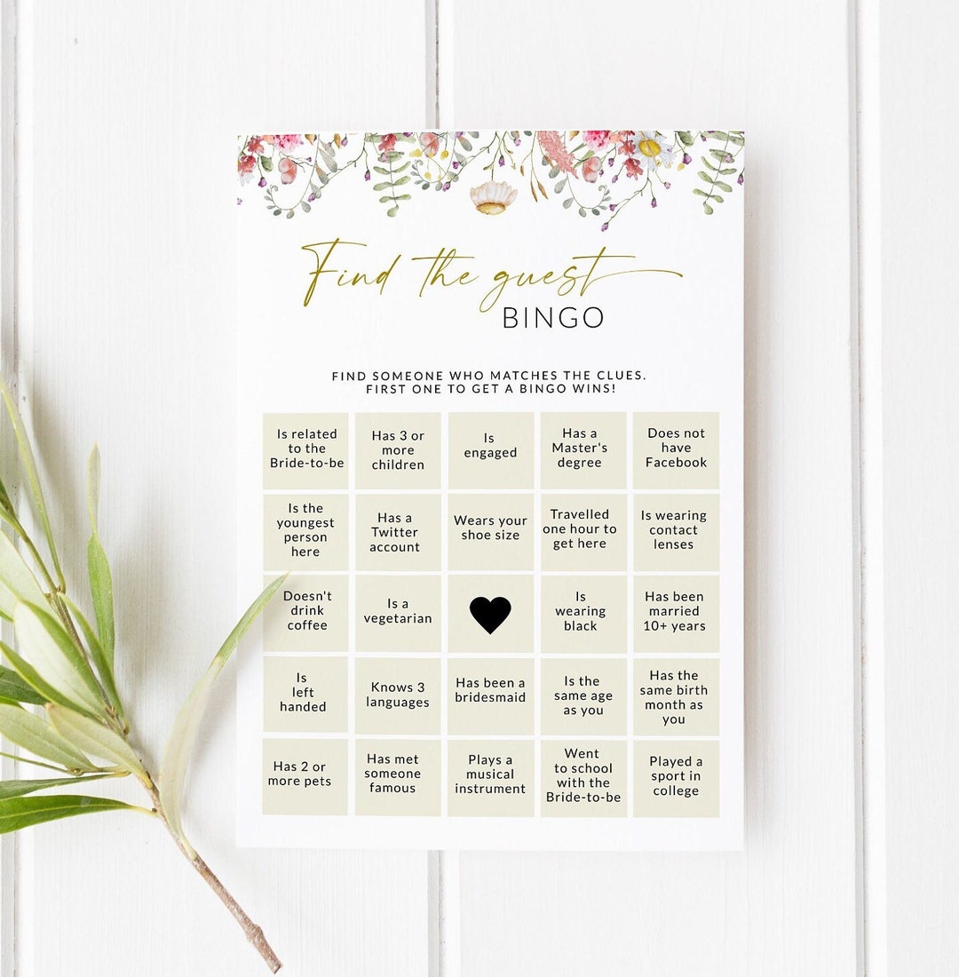 Find the Guest Bingo Find the Guest Game Wildflower Bridal Shower Bingo ...