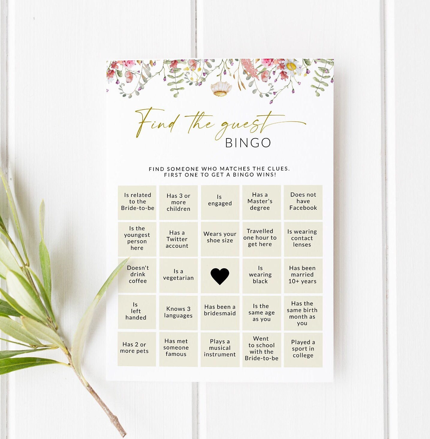 Find the Guest Bingo Find the Guest Game Wildflower Bridal Shower Bingo ...