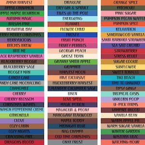 May include: A color chart featuring three vertical columns of rectangular labels, each displaying a unique scent name in black text against a solid colored background. The list includes names like Amish Harvest, Apple Cinnamon, Drakkar, and Orange Spice.