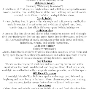 May include: A printed list of fragrance names and descriptions including Magnolia & Peony, Mahogany Woods, Maple Toddy, Midnight Blue, Midnight Warrior, Nag Champa, Old Time Christmas, and Onyx Frost, presented in black text on a white background.