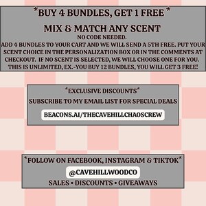 May include: A graphic with a light pink checkered background featuring three grey text boxes. The text includes promotional details about buying bundles, an email subscription link at beacons.ai/thecavehillchaoscrew, and social media handles for @cavehillwoodco.