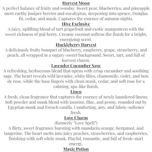 May include: A list of fragrance descriptions including Graphite, Harvest Moon, Hive Exclusive, Huckleberry Harvest, Lavender Cucumber Sage, Linen, Love Charm formerly Love Spell, and Magic Potion, each detailing specific scent notes and ingredients.
