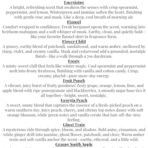 May include: A white document featuring a list of fragrance names and their scent descriptions. The text includes Elves at the Pole, Energizing, Flannel, Flower Child, Frosty, Fruit Punch, Georgia Peach, Ghost Train, and Granny Smith Apple.