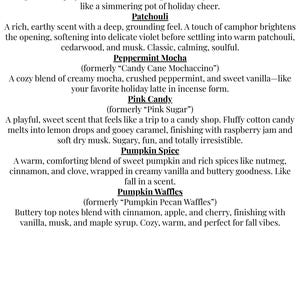 May include: A list of scent descriptions including Orange Spice, Patchouli, Peppermint Mocha formerly Candy Cane Mochaccino, Pink Candy formerly Pink Sugar, Pumpkin Spice, and Pumpkin Waffles formerly Pumpkin Pecan Waffles with detailed notes.