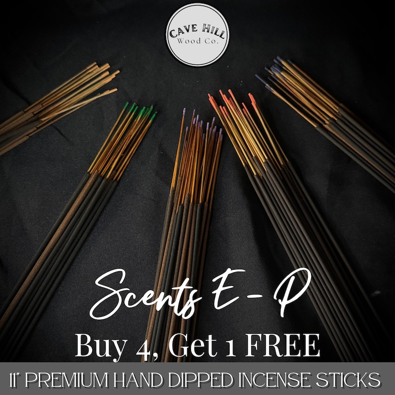 May include: Multiple bundles of 11-inch premium hand-dipped incense sticks with colored tips in green, purple, orange, and blue. The image features the Cave Hill Wood Co. logo, the text Scents E-P, and the offer Buy 4, Get 1 FREE on a black background.
