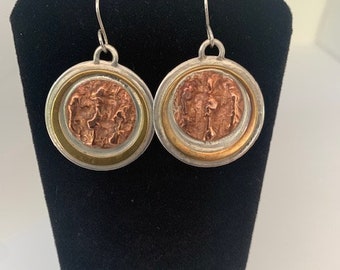 Silver and copper textured earrings, Handmade textured earrings, Silver Copper and Brass textured earrings, Precious metal earring pair