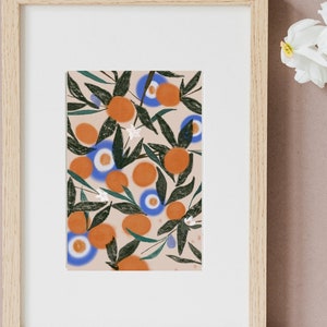 May include: A framed print of a stylized illustration of a citrus tree with orange fruit, green leaves, and white flowers on a peach background.