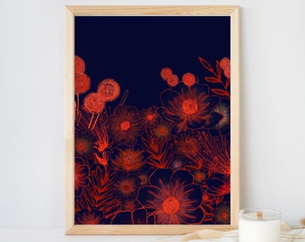 Downloadable Art / Wall Art/ Orange Flowers with Navy Blue Background/ Digital Print