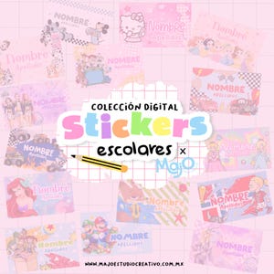 Könnte beinhalten: Eine Sammlung rechteckiger digitaler Schulaufkleber mit verschiedenen Zeichentrickfiguren, pastellfarbenen Hintergründen und dem Text "COLECCIÓN DIGITAL Stickers escolares" mit einer Bleistiftgrafik und "WWW.MAJOESTUDIOCREATIVO.COM.MX".