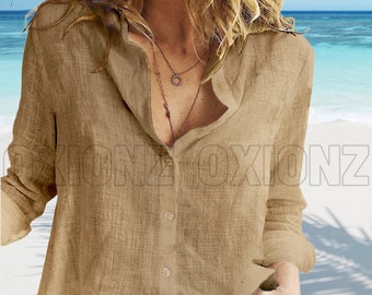 Damen Leinenshirt Sommer Unisex Leinen Top Boho Shirt Geschenk für Sie Leinenshirt Bluse Übergroßes Langarm Leinenshirt Button Up V-Ausschnitt