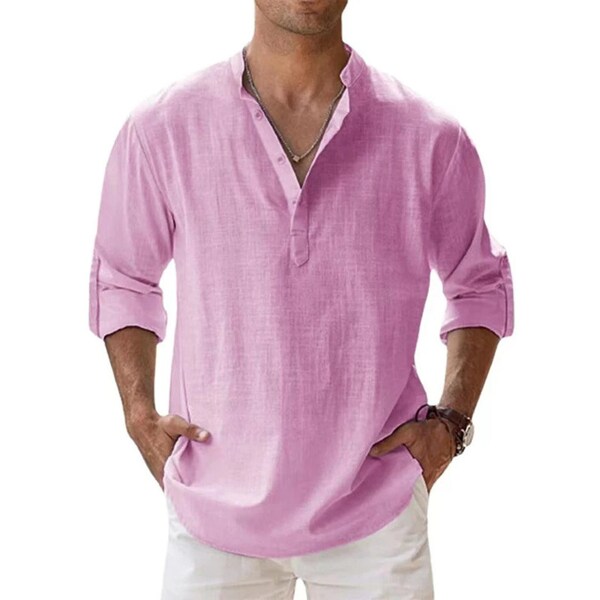 Men's Linen Shirt classic Long Sleeve Cotton Shirt Gift for Him Henley Hippie Beach Shirt Button Down Beach StandUp Collar Solid Color Shirt