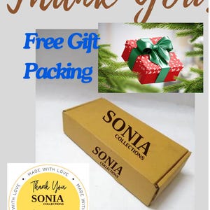 May include: A brown cardboard box with the text "SONIA COLLECTIONS" printed on it. The box is surrounded by a yellow circle with the text "Thank You SONIA COLLECTIONS for purchase SONIA HANDMADE1" printed on it.
