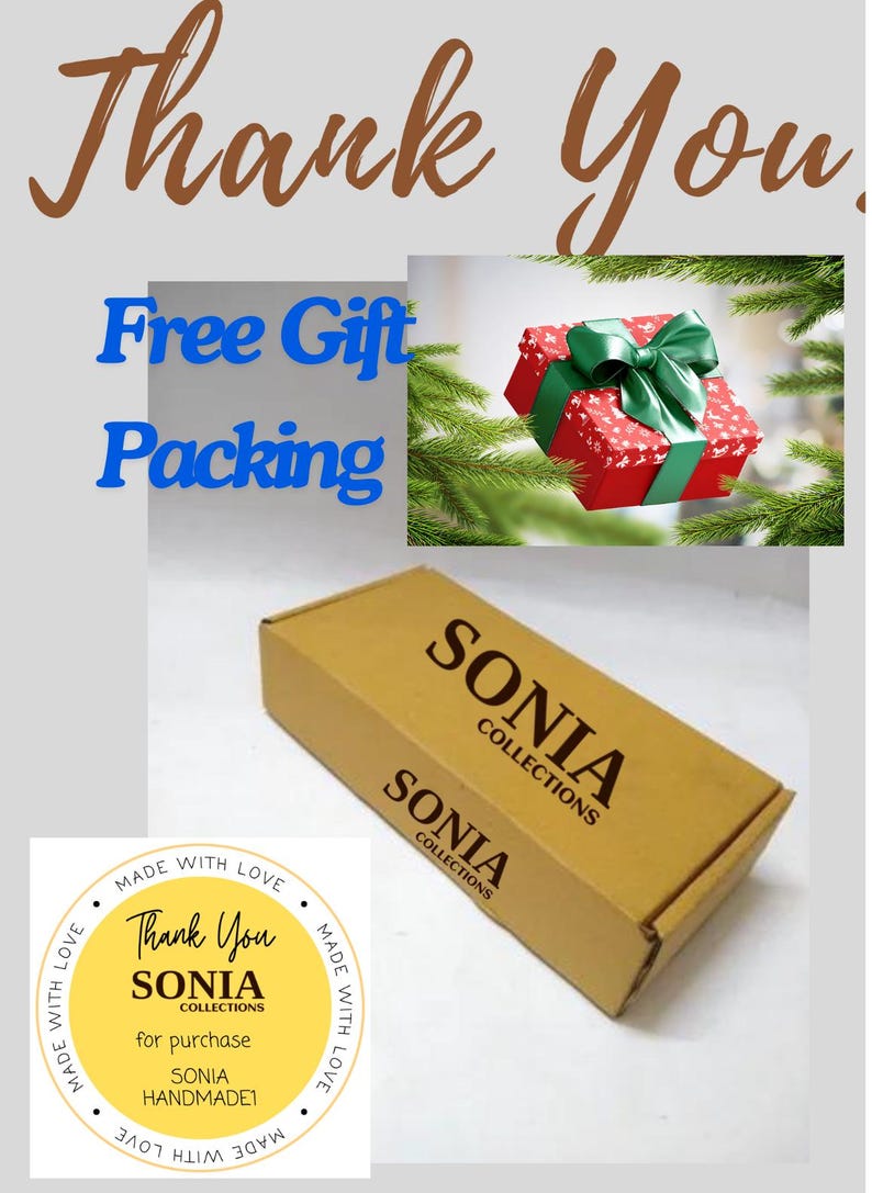 May include: A brown cardboard box with the text "SONIA COLLECTIONS" printed on it. The box is surrounded by a yellow circle with the text "Thank You SONIA COLLECTIONS for purchase SONIA HANDMADE1" printed on it.