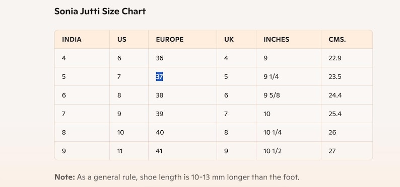 K&ouml;nnte beinhalten: Eine Gr&ouml;&szlig;entabelle f&uuml;r Sonia Jutti Schuhe, die die entsprechenden Gr&ouml;&szlig;en in Indien, den USA, Europa, Gro&szlig;britannien, Zoll und Zentimetern zeigt. Die Tabelle umfasst die Gr&ouml;&szlig;en 4 bis 9 in Indien, 6 bis 11 in den USA, 36 bis 41 in Europa, 4 bis 9 in Gro&szlig;britannien, 9 bis 10 1/2 Zoll und 22,9 bis 27 Zentimeter.