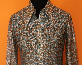 70's vintage shirt, butterfly collar, disco, mod, flower design