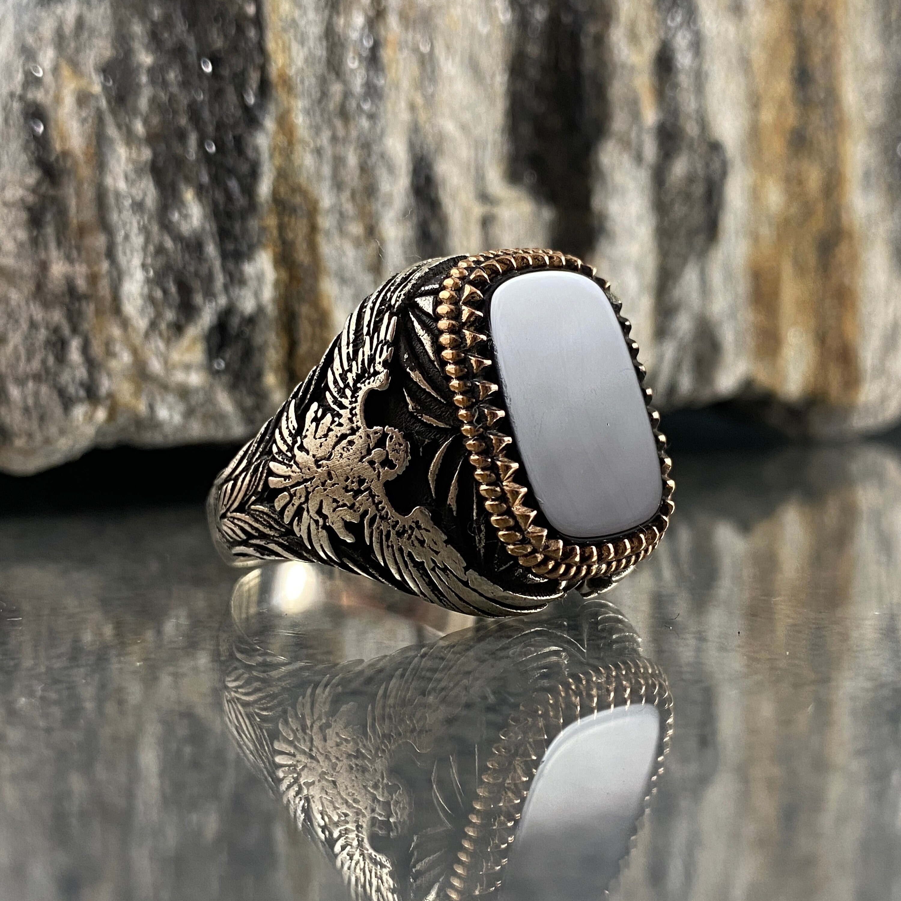 Mens Black Onyx Ring Eagle Ring Sterling Silver Men Silver Etsy