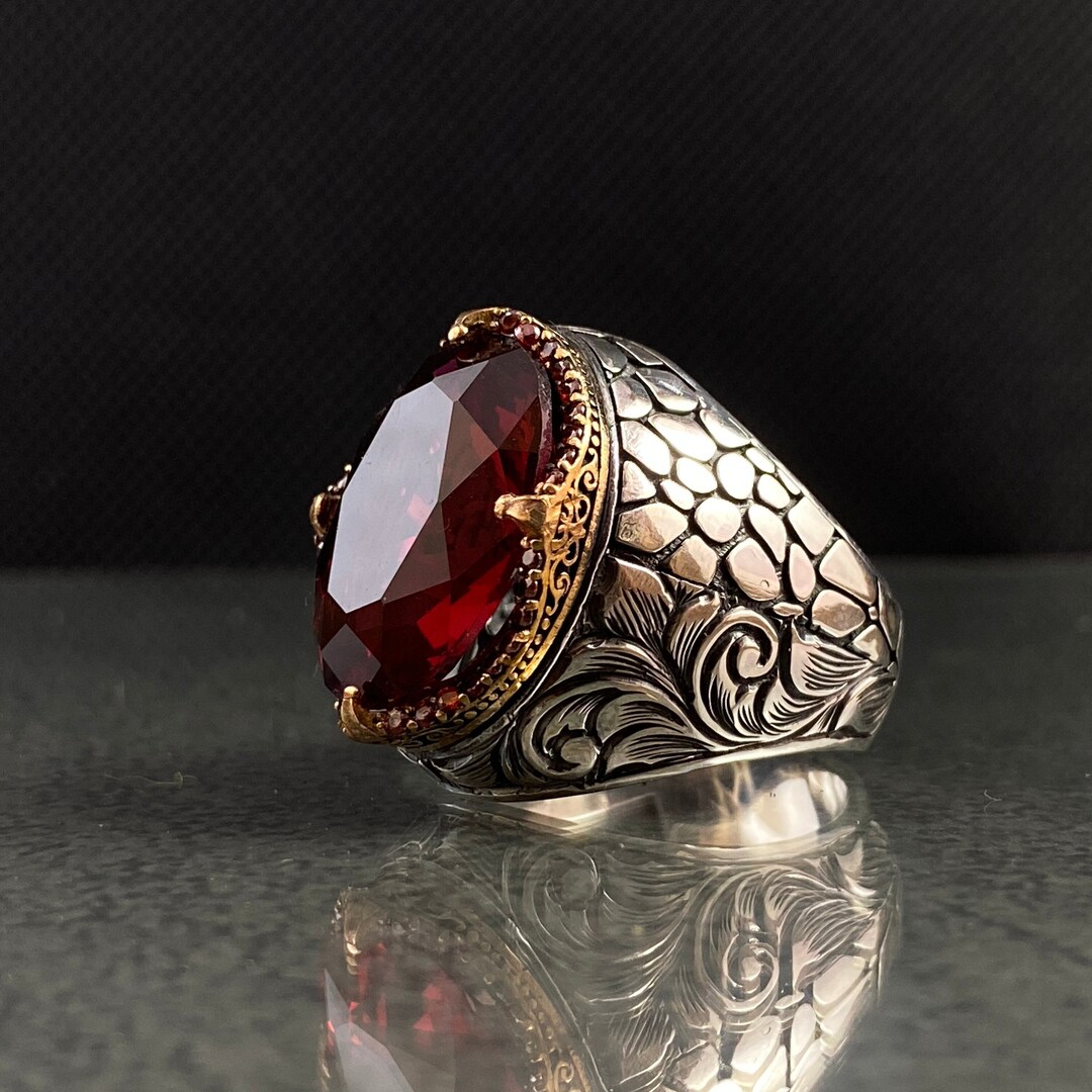 Red Men Ring Silver Ring for Men Gemstone Men Ring Etsy