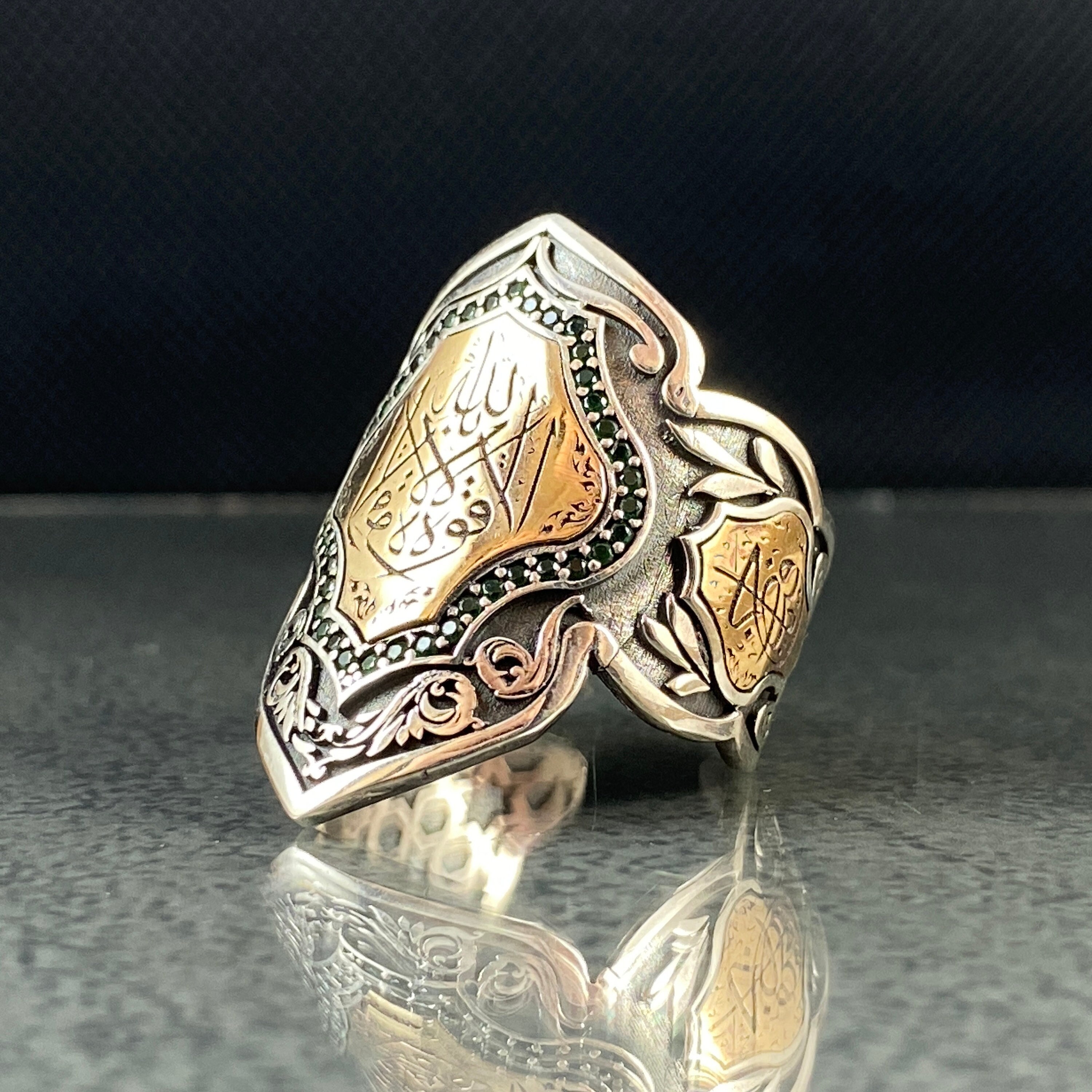 Mens 14k Gold & Real Solid 925 Sterling Silver Islamic Allah Muslim Arabic  Ring