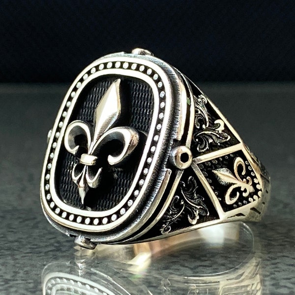 Bague fleur de lys en argent sterling, chevalière lys, bague gravée bijoux vintage, bague spirituelle, bague en argent pour homme et femme