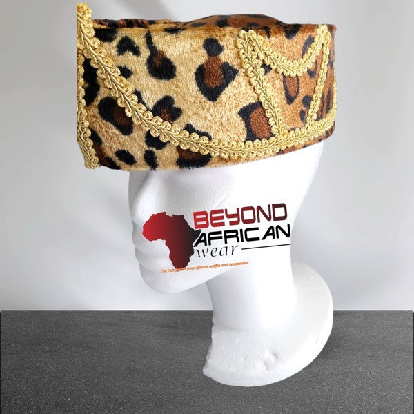 Mobutu Leopard Print Hat Lace Designed Traditional Men hats, African men native foldable velvet hat igbo caps African Leopard Print Hats