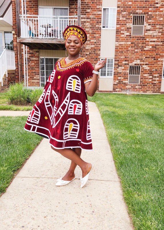 cameroon dresses for ladies Cameroonian Traditional Midi Dress Toghu vt::Dresses::Sleeve Length::Long Sleeve