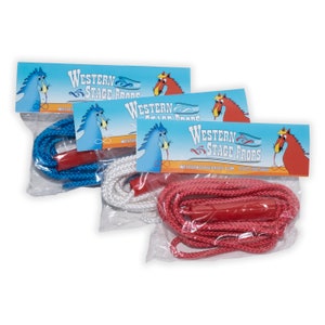 May include: Three skipping ropes in clear plastic packaging. Each rope is a different colour: blue, white, and red. Each rope has a red handle. The packaging has a blue banner with the text "WESTERN STAGE PROPS" and a cartoon horse.