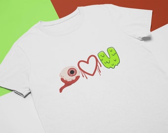 不気味な恋のTシャツ、ハロウィーンの美学が詰まったアイハートUシャツ、ゴアとホラーをテーマにした「I Love You」の絵文字、不気味な季節の雰囲気