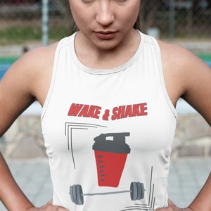 Wake and Shake Women&#39;s Ideal Racerback Tank, Fun Fitness Apparel, Comfortable Exercise T Shirt, Protein Shake to Start the Day Lift or Run