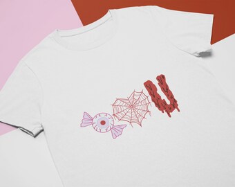 不気味な恋のTシャツ、ハロウィーンの美学が詰まったアイハートUシャツ、ゴアとホラーをテーマにした「I Love You」の絵文字、不気味な季節の雰囲気