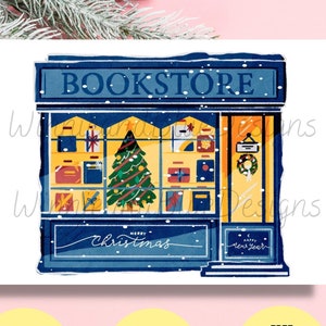 Carte de Noël à imprimer pour librairie, joyeux Noël et bonne année, librairie des Fêtes, carte de vœux vierge, devanture d'hiver