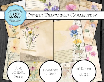 Vintage Wildflower Junk Journal Kit | Printable Botanical Ephemera | 8.5x11” Digital Download | Cottagecore Paper Pack