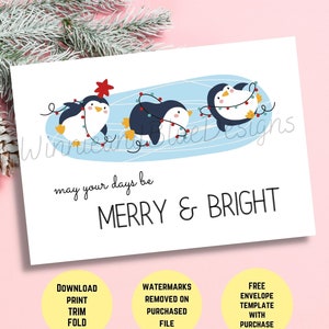 Tarjeta de Navidad de pingüino imprimible- Tarjeta de Navidad feliz y brillante - Linda tarjeta de luces de Navidad - Imprimir en casa
