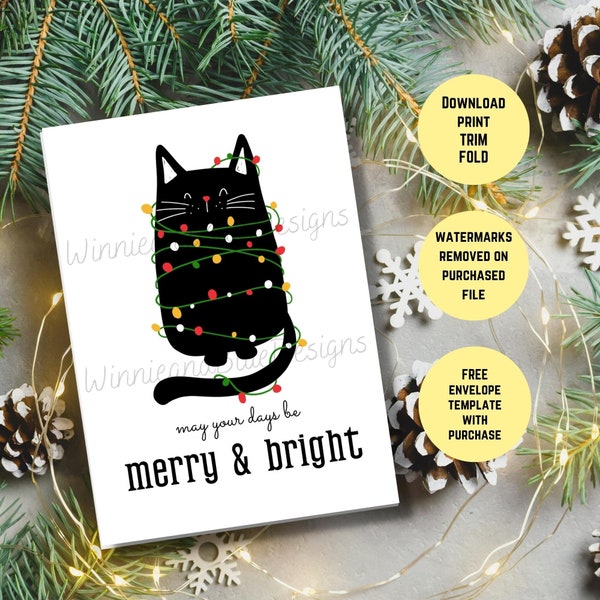 Cat Christmas card Printable - Merry & Bright Christmas Card -  Cute Christmas Lights Card - Print At Home