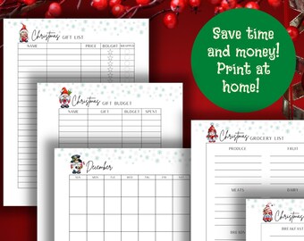 Printable Xmas Planner, Christmas Gnome Planners, Christmas Budget, Grocery List Planner, Christmas Menu, Gift Planner, Gnome Theme