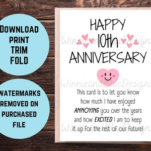 Tarjeta imprimible para el décimo aniversario, divertida tarjeta de feliz aniversario para esposa, esposo, novia o novio.