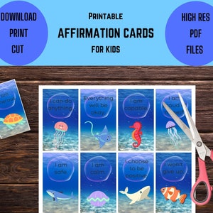 Druckbare Affirmationskarten für Kinder, 36 Meerestiere-Motivationskarten, Aufbau des Selbstwertgefühls, tägliche Affirmationen, Positivitätskarten