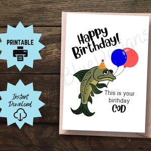 Carte d'anniversaire poisson imprimable, carte d'anniversaire pêche drôle pour petit ami, mari, carte d'anniversaire numérique drôle de morue, cadeau d'anniversaire poisson