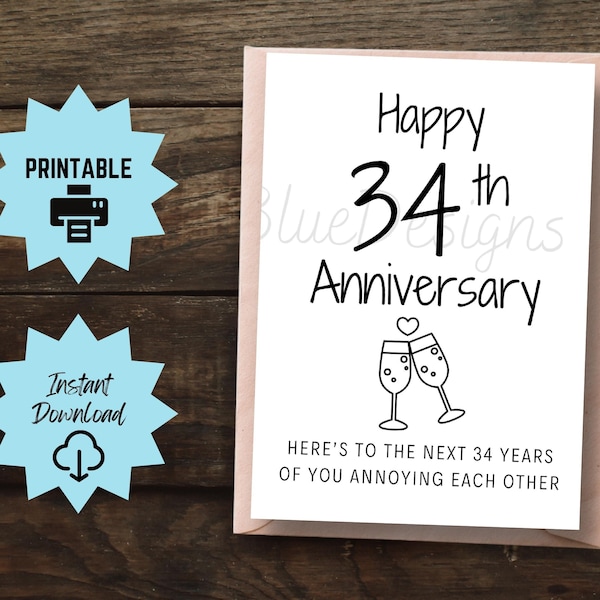 34th Anniversary Card PRINTABLE, Funny Couples 34 Anniversary Card, Parents Anniversary, Grandparents 34 Year Gift, Instant Download