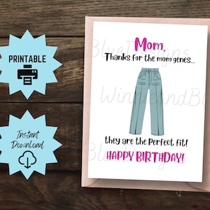 Carte d'anniversaire drôle de maman imprimable, carte de maman de joyeux anniversaire, carte d'anniversaire drôle pour maman, carte de jeu de mots de gènes de maman, carte de jeu de mots drôle de Jeans de maman