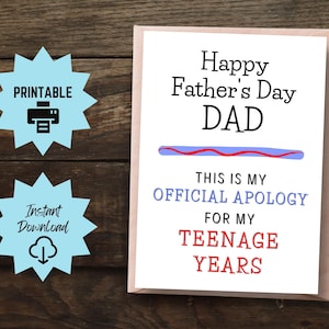 Tarjeta divertida para el Día del Padre para imprimir, tarjeta de disculpa por la adolescencia, regalo divertido para el Día del Padre, tarjeta de un hijo o una hija