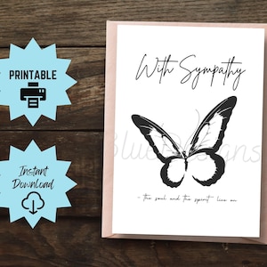 Carte de sympathie papillon imprimable, carte de deuil, carte de pensée de vous deuil, désolé pour la perte de vos condoléances, avec sympathie