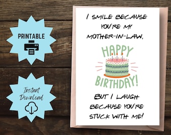 Funny Mother In Law Birthday Card Printable, Sarcastic Mother In Law Birthday Cake Card, In Law Birthday Gift, Mother-In-Law Card