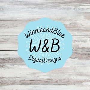 May include: A light blue circle with a white starburst design and the text "Winnie and Blue" and "W&B Digital Designs" in black.