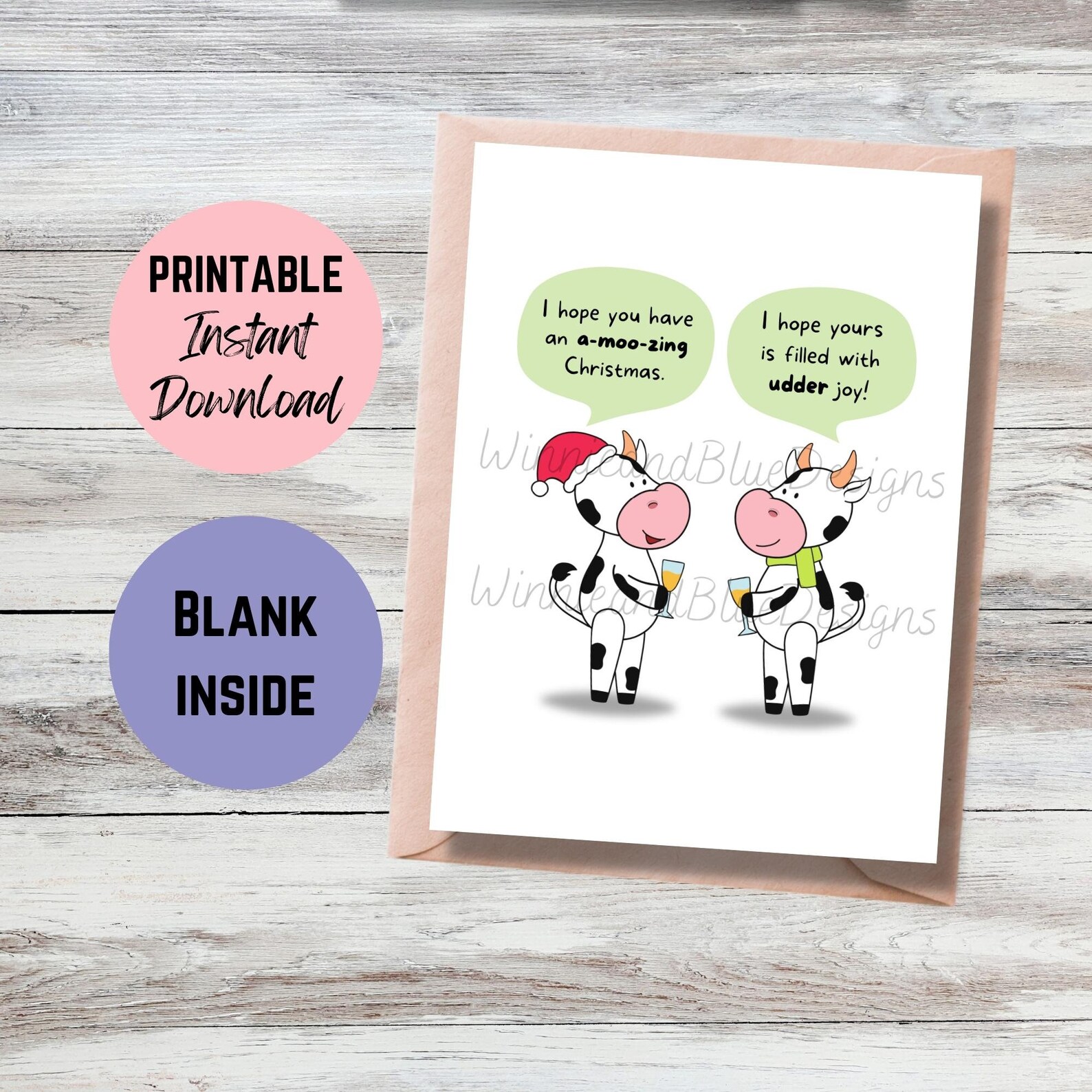 Printable Cow Christmas Card -funny Cow Pun Christmas Card - Udderly ...
