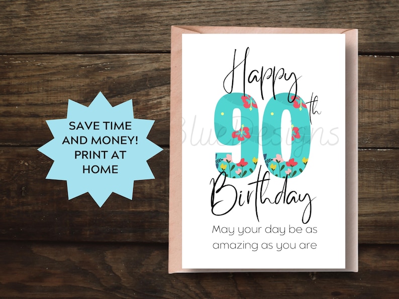 Printable 90th Birthday Card, Milestone Birthday Card for Grandma or ...