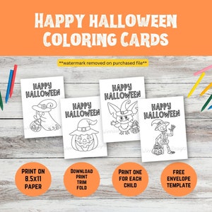 Conjunto de cartões para colorir de Halloween para impressão - Fantasma, abóbora, morcego, esqueleto em fantasias de bruxa - Artesanato infantil - Diversão em família