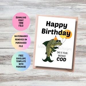 Carte d'anniversaire de pêche imprimable, carte d'anniversaire de jeu de mots de poisson, c'est votre anniversaire de morue, cadeau d'amant de poisson