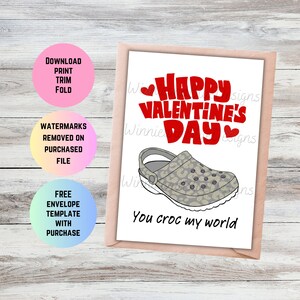 Carte de Saint-Valentin mari imprimable. Carte de Saint Valentin drôle de jeu de mots You Croc My World. Carte de Saint-Valentin pour petit ami