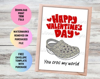 Printable Valentine's Day Card for Boyfriend. You Croc My World Funny Pun Valentines Day Card. Valentine Card for Husband