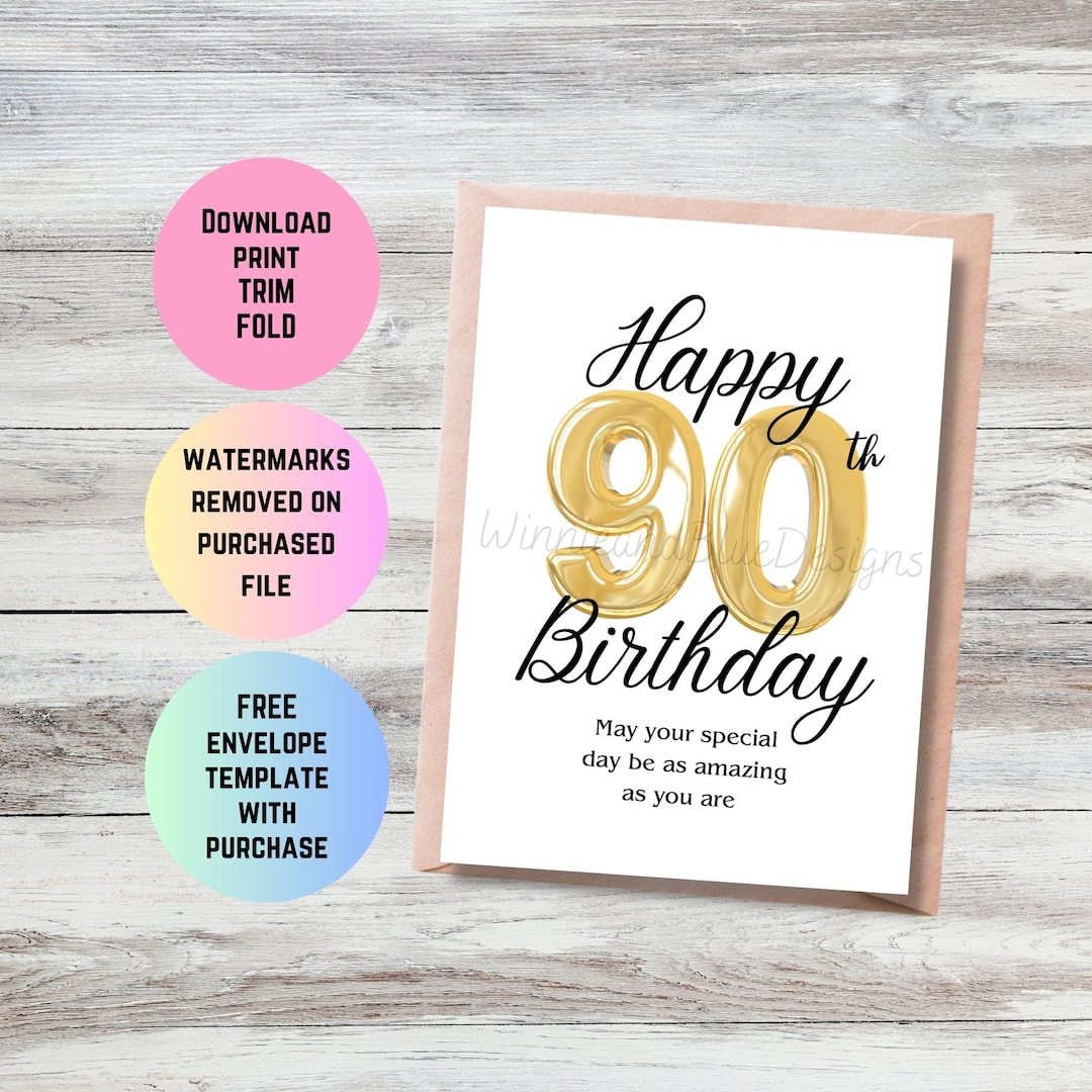 Printable 90th Birthday Card, Happy 90th Birthday Card, Milestone